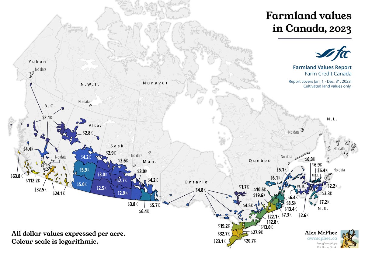 Map of farmland values in Canada, 2023.