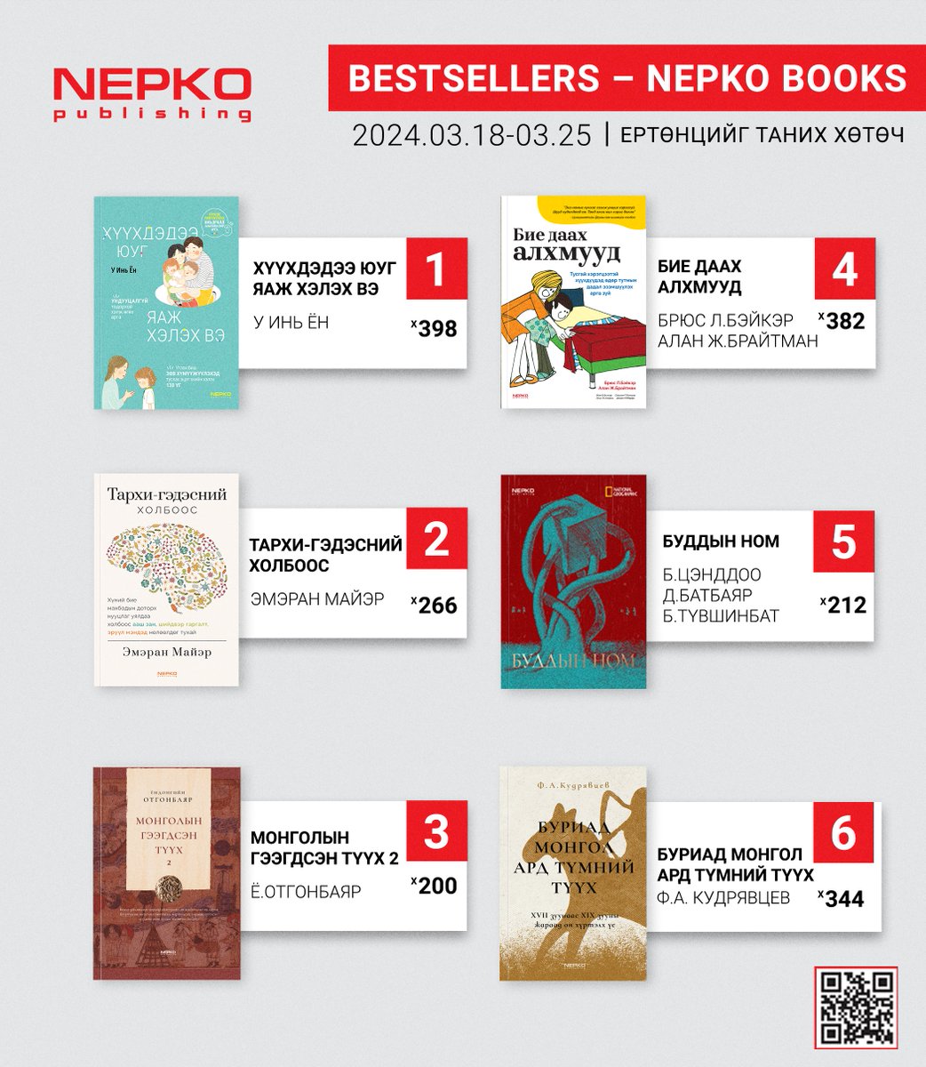 #bestsellerbooks 2024.03.18-03.25-ны хооронд Нэпко нэрийн дэлгүүр болон nepko.mn сайтыг захиалга, борлуулалтаараа тэргүүлсэн 6 номыг танилцуулж байна. Онлайн захиалга: nepko.mn Захиалах утас: 7533-9933 #nepko_books
