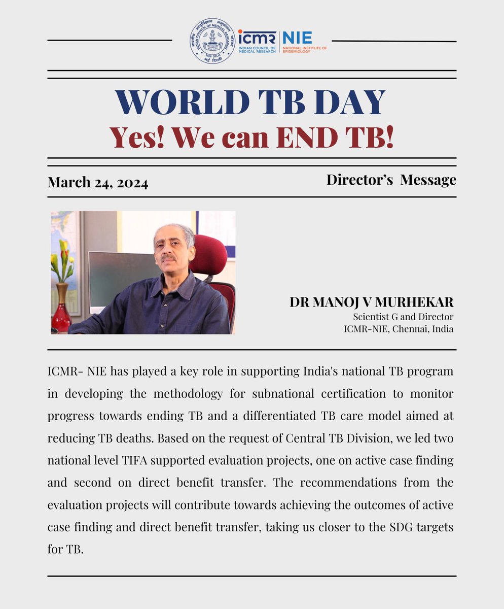 On this World TB Day, 24 March 2024, a message from our Director, Dr Manoj Murhekar. Yes! We can End TB!