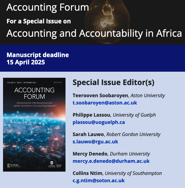 🗣Special Issue 'Accounting and Accountability in Africa': Virtual Preparatory Workshop April 25, 2024!! Details of virtual workshop here👇🏻 sway.cloud.microsoft/YtVRDMz2IstNYc… We welcome abstracts or draft papers to: workshopacc2024@gmail.com. Deadline Mar 25, 2024 @MercyDenedo @ntimcollins