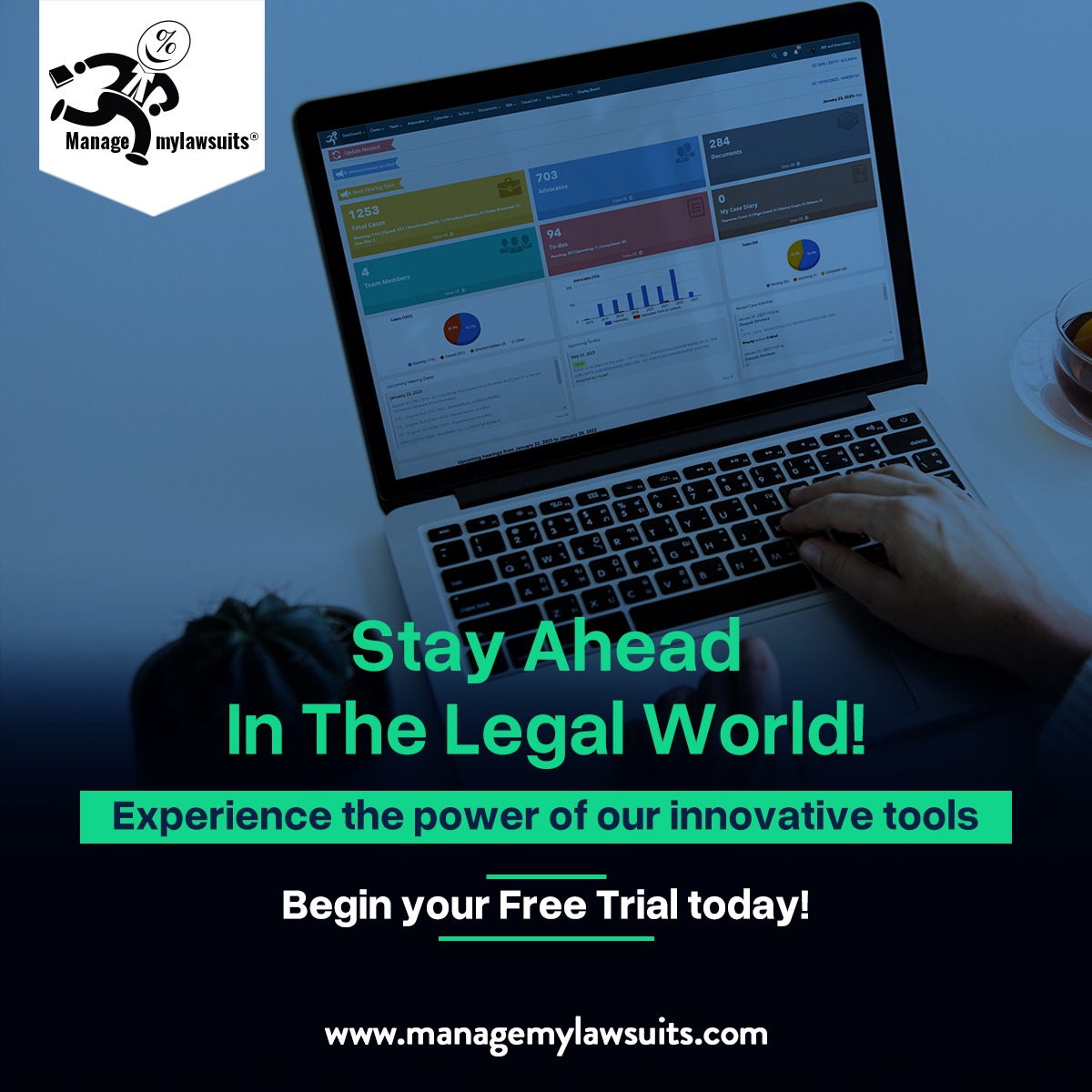 Stay ahead in the legal world with our cutting-edge tools designed to streamline your practice and boost productivity. Experience the power of innovation as you navigate cases with ease and efficiency.
Begin your Free Trial today. Call now.

#software #managemylawsuits #mml