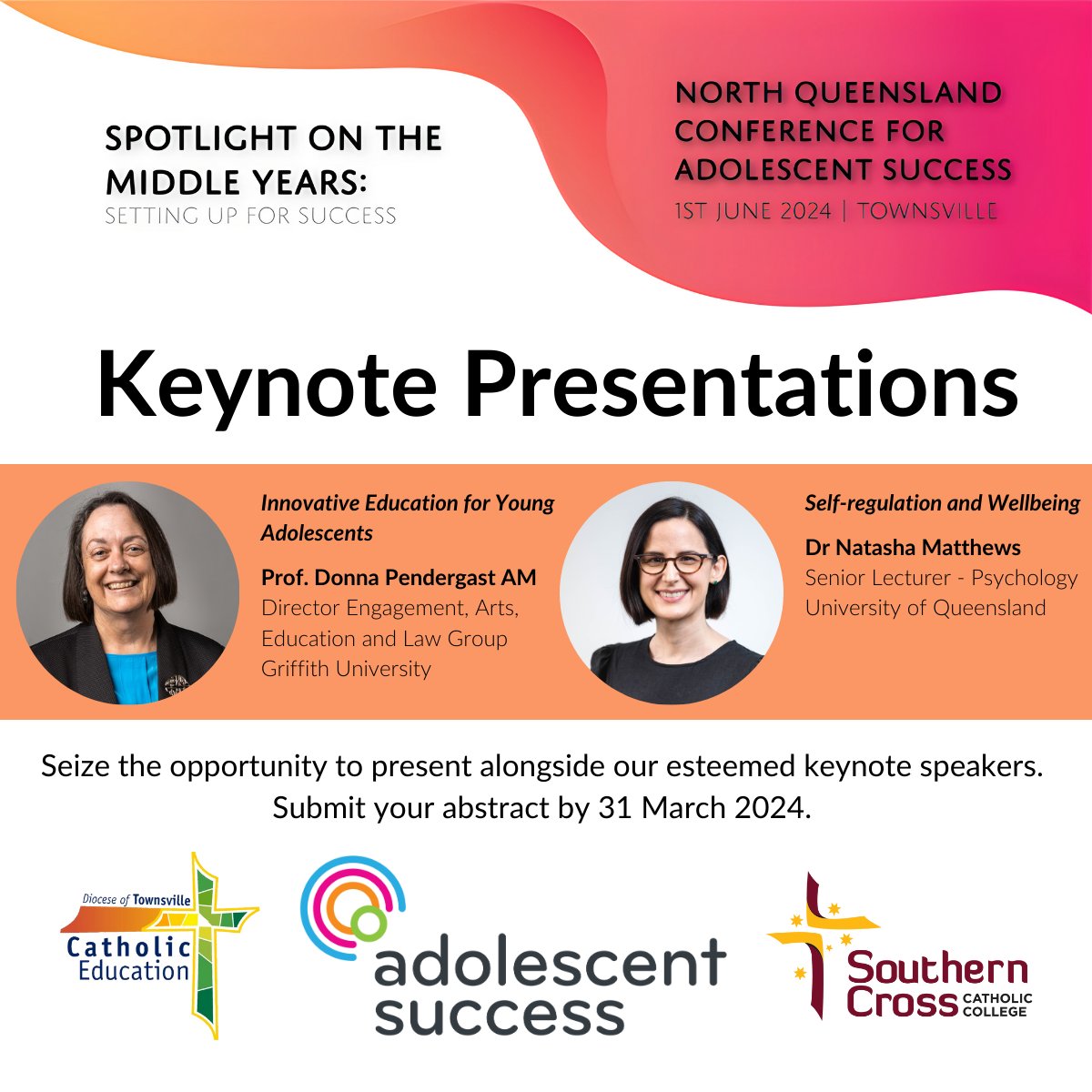 🌟 Keynotes Announced for Townsville conference on June 1! Dive into "Innovative Education for Young Adolescents" &amp; "Self-regulation and Wellbeing" with Prof. Donna Pendergast &amp; Dr. Natasha Matthews. Submit your abstract by March 31! More info &amp; submit: adolescentsuccess.org.au/North-Queensla…