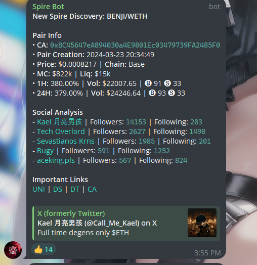 DirtyGodPlays's tweet photo. This coin was shilled to me by @basespire 

that coin is now 20M+.

Fade $SPIRE with caution https://t.co/439Ua6kDmp