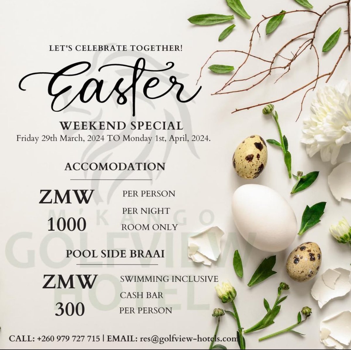 M’Kango Golfview Hotel has an exciting Easter weekend planned for you. 

Bring the family along, and create memories to last a life time; with our special accommodation rate and pool side braai. 

Don’t forget to carry your picnic mats and/or camp chairs.