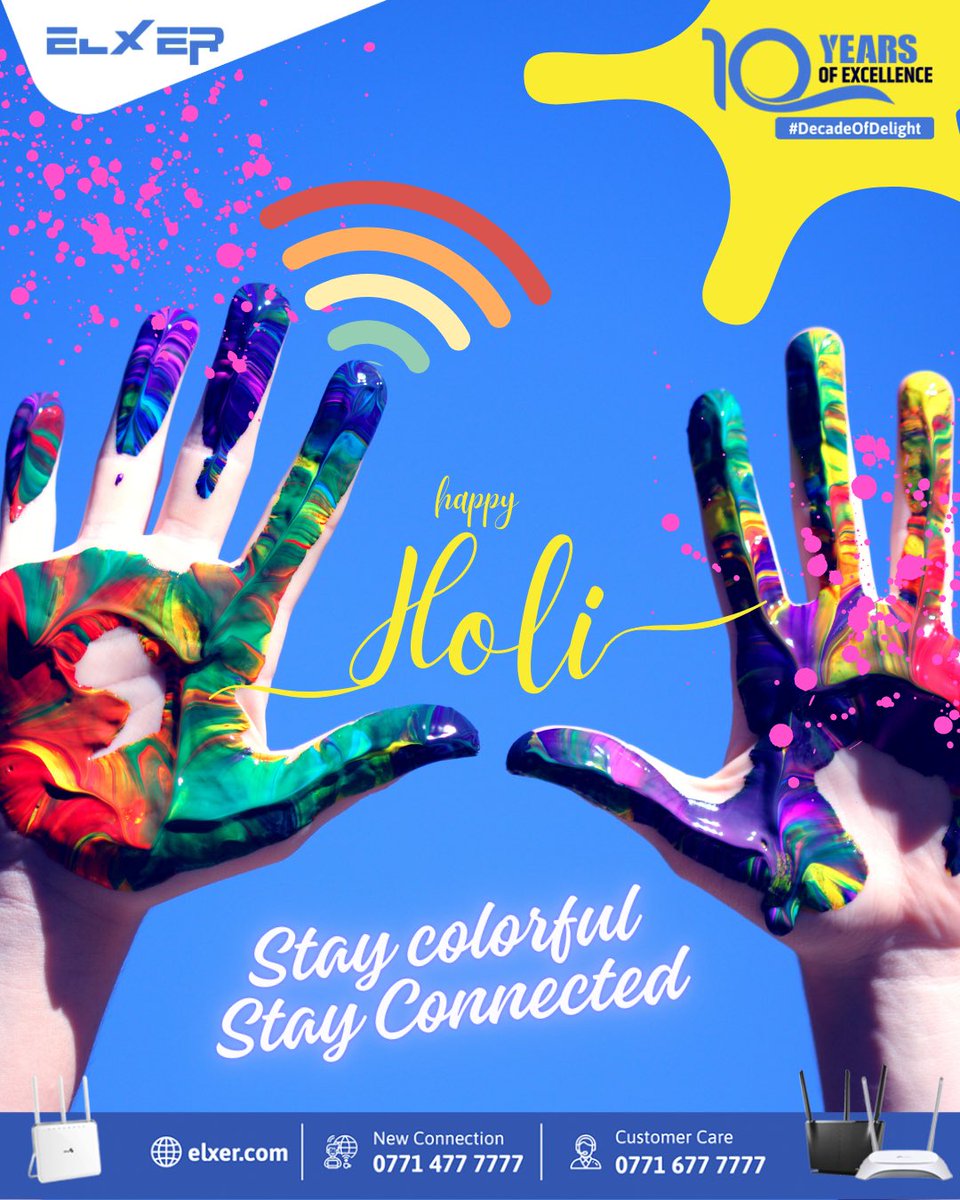 elxercom's tweet photo. Happy Holi from Elxer Communications! 🎉🌈 Stay colored, stay connected as we celebrate the festival of colors together. Wishing you all a day filled with joy, laughter, and vibrant celebrations! #HappyHoli #StayColoredStayConnected #ElxerCommunications

#FiberSpeed #FutureReady #NoMoreDeadZones #ElxerConnectivity #DecadeofDelight #WiFiLifestyle #ConnectWithElxer #SeamlessExperience #10YearsofExcellence #Elxer #Broadband #ISP #Wifi #Highspeed #Internet #InternetServiceProvider #HighSpeedInternet #ConnectivityMatters