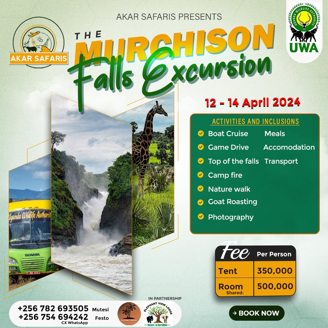 AkarSafaris's tweet photo. @Ssenyonyiderick Join us on a tour to Murchison Falls National Park - #MurchisonFallsExcursion from April 12-14, 2024.
Contact Mutesi at +256 782 693505 to book. Hurry, only 15 slots left
Bring along your friends for an amazing adventure https://t.co/qzFFSQvCwY