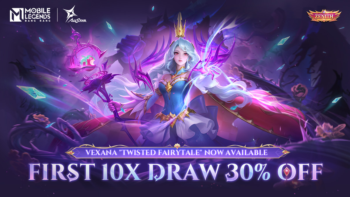 Vexana's new high-rarity, first-ever ZENITH skin 'Twisted Fairytale' is now available!  From 03/25 to 04/30, participate in the 'Twisted Fairytale' draw event! 
#MLBBNewSkin #MLBBALLSTAR #MobileLegendsBangBang