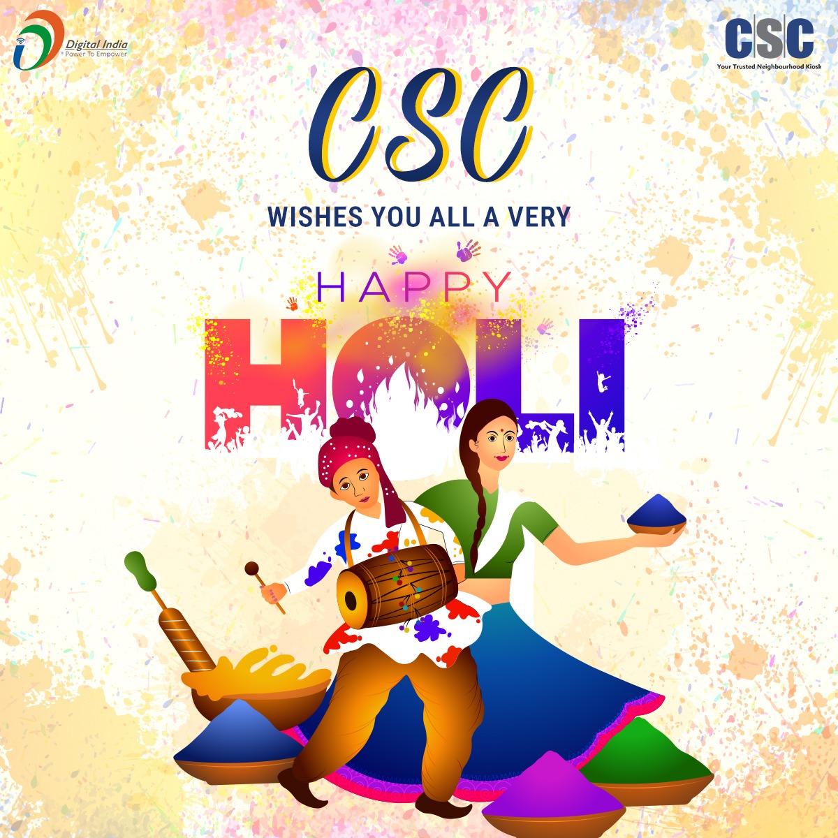 This #Holi, May your life be blessed with a beautiful rainbow of colors. May you be bestowed with success and prosperity. #CSC wishes you all a #HappyHoli to you and your family. #HappyHoli2024 #Holi2024 #HoliCelebration #HoliSpecial #CSCHoli #DigitalIndia #CSCHoliSpecial