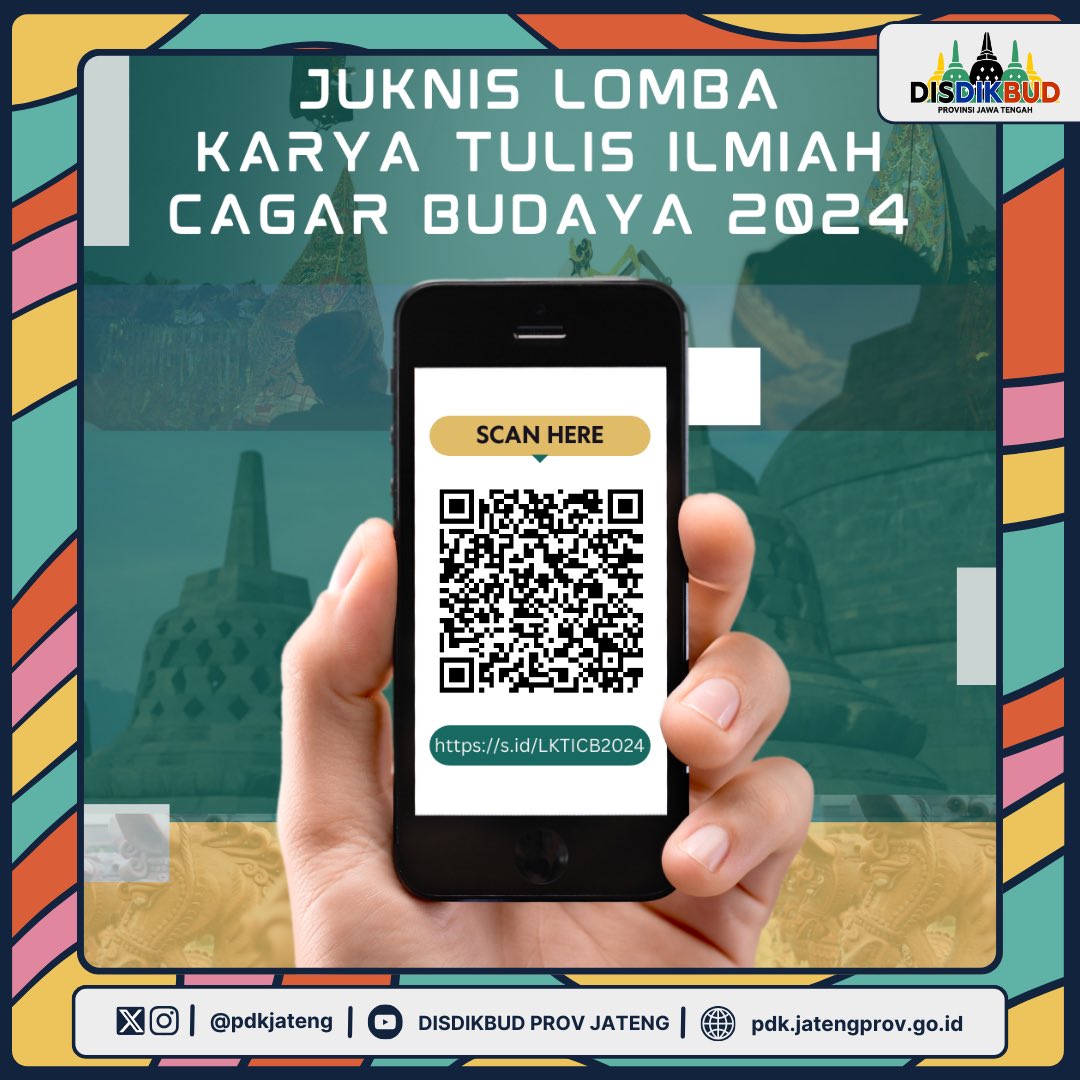 Halooo Brodisss Dikbud ! Lomba Karya Tulis Ilmiah Cagar Budaya Tahun 2024 di mulai !!! Lomba kali ini bertema “Pemanfaatan Cagar Budaya Daerah Sebagai Sumber Daya Budaya” Untuk selengkapnya dapat mengakses Juknis pada QR Code berikut atau melalui link s.id/LKTICB2024