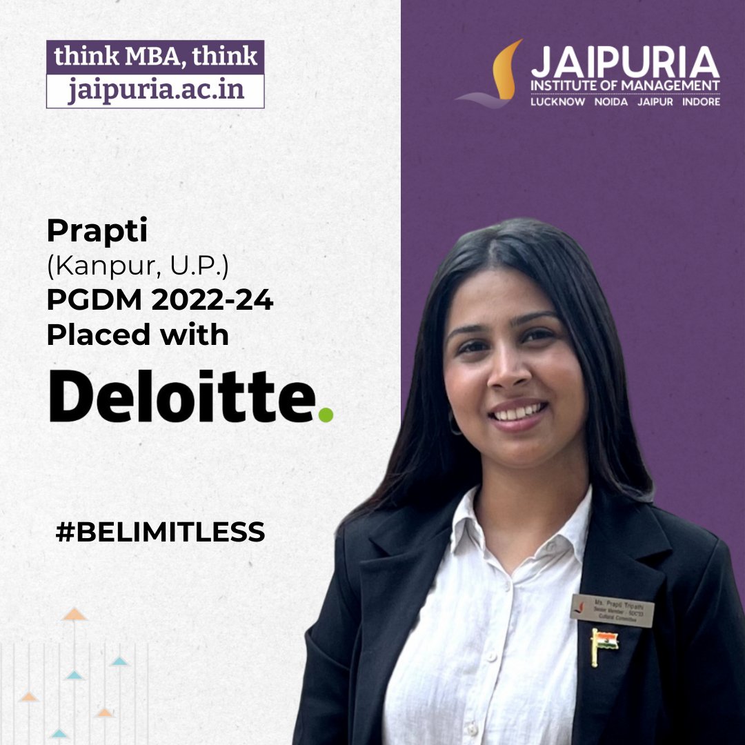 🚀 Prapti chooses Deloitte, setting sights high! 🌟 Your success story begins at Jaipuria Institute of Management. Apply for PGDM 2024-26 at apply.jaipuria.ac.in. 📝 #JaipuriaPlacements #PGDM2024 #ApplyNow