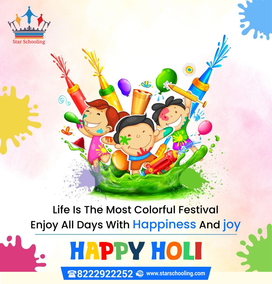 'May your life be as colorful as the hues of Holi! 🌈 Wishing you and your loved ones a joyous and vibrant celebration from all of us at Star Schooling! 🎉 Let's paint the canvas of our lives with happiness,laughter, and love!🥳 #HappyHoli #StarSchooling'
#happyholi2024 #holihai