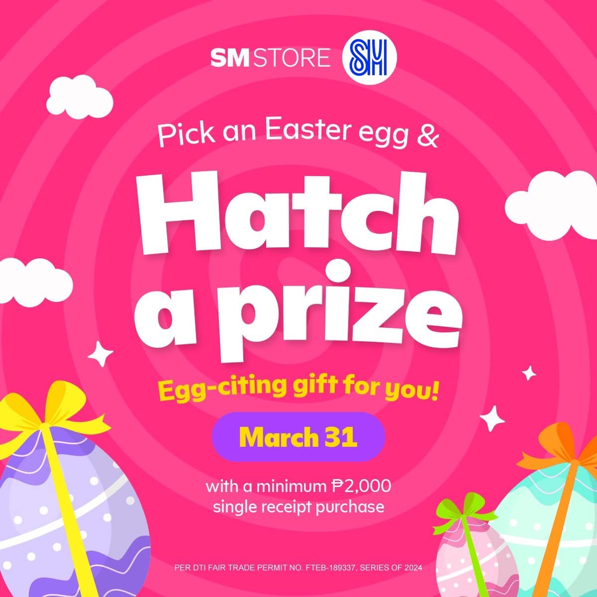 Crack open the excitement and celebrate Easter with us at SM Store DAVAO! 🐇🎁 Pick an Easter egg and hop into the chance to win up to ₱1,000 SM Gift Pass with a minimum ₱2,000 single-receipt spend at SM Store DAVAO only on March 31! Visit us in-store today!