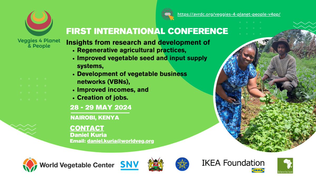 Save the Date! The First International Conference for Veggies 4 Planet & People is happening on 28-29 May 2024 in Nairobi, Kenya. Follow us to explore insights from research on regenerative agriculture, improved seed supply systems, and more! #Sustainability #ResearchConference