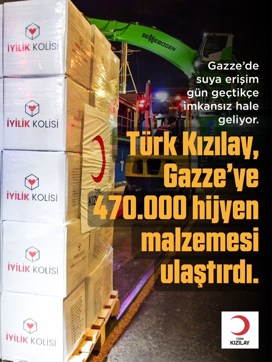 Kizilay's tweet photo. #GÜNCEL | Gazze’ye uğurladığımız son gemiyle birlikte Türk Kızılay'ın, Gazze'ye gönderdiği hijyen malzemesi 470.000'e ulaştı. #Gazze

📲 FİLİSTİN yaz 2868’e gönder (20 TL)

♦️ IBAN: TR48 0001 0021 1000 0028 6852 54 https://t.co/KRr7oSROjj