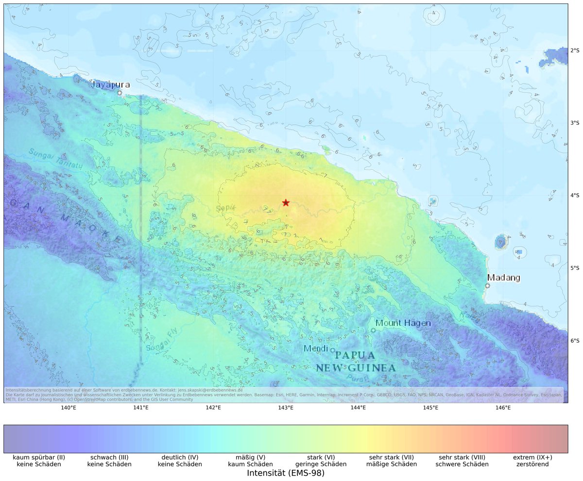 Ein schweres Erdbeben (M6.9) traf Papua-Neuguinea am Samstag. In Dörfern am Sepik-Fluss, der zur gleichen Zeit schweres Hochwasser führte, stürzten viele überschwemmte Gebäude ein. Drei Menschen starben. erdbebennews.de/2024/03/schwer…