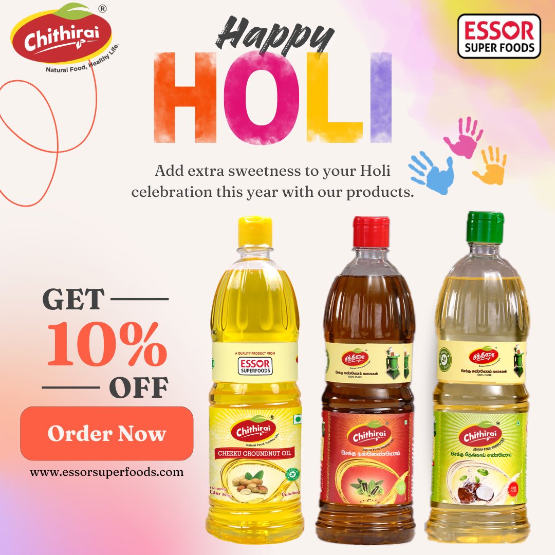 Inject some vibrancy into your Holi celebration by incorporating our Chithirai products to add a splash of color to your life.
.
.
#essorsuperfoods #chithiraigingellyoil #ChithiraiOil