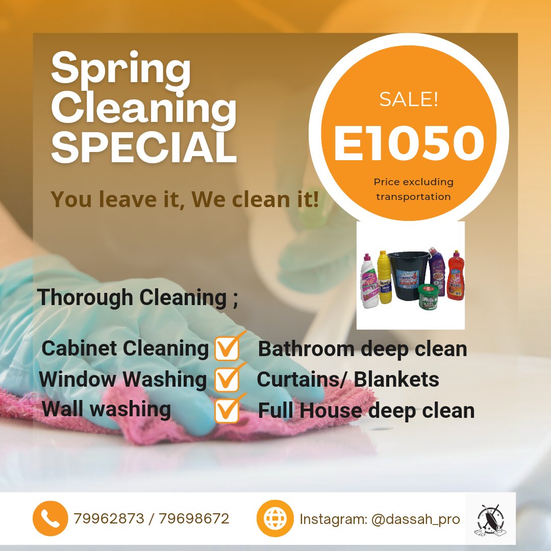 Have your house Spring cleaned for only E1050 and get a cleaning kit for FREE.
Book today 
7996 2873  / 7969 8672 
Kindly retweet
#tini
##tinitwitter