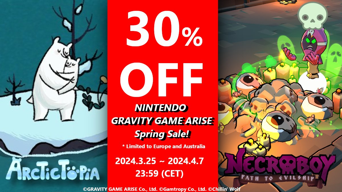 start_gravityEN's tweet photo. Until 4/7 (Sun.) 23:59 CET!
Puzzle adventures available on Nintendo Switch!
Are you into the chill and cozy vibes of #ARCTiCTOPiA?
Or are you looking to amass an army of undead minions in #Necroboy?
Try both for a limited 30% discount!
* Limited to Europe and Australia https://t.co/mK8O8jDDRs
