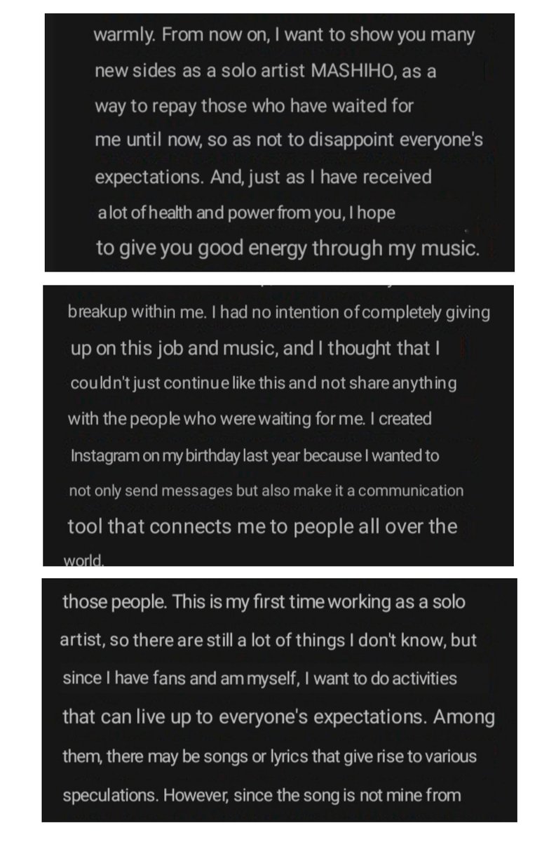 Mashi_h0325's tweet photo. "solo artist MASHIHO... i hope to give you good energy through my music"

"...i had no intention to completely giving up on this job and music...."

"this is my first time working as solo artist......"

thank you mashiho for coming back... ilysm 🥲🤍 https://t.co/maEWvXIFzU