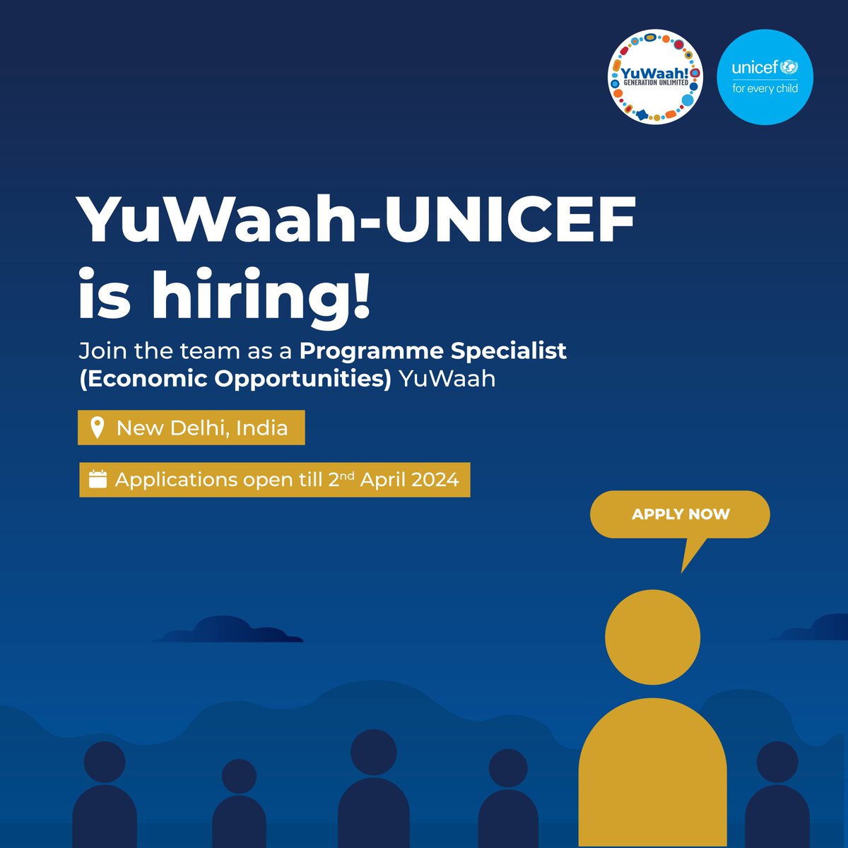 You have a notification!🔔

Calling all changemakers to create #ImpactWithYouth!

🔍Explore new horizons as a Programme Specialist (Economic Opportunities).

📍New Delhi, India
⏰ Apply by 2nd April 2024

Don't miss out! Apply now👉tinyurl.com/ms9ew4fh

#Vacancy #WorkWithUs