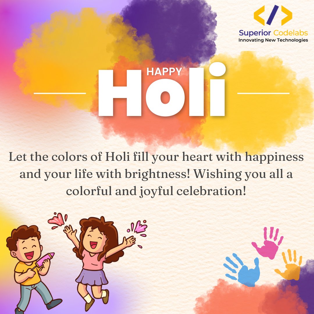 sup_codelabs's tweet image. Sending colorful vibes your way this Holi! May your day be filled with laughter, love, and endless memories. Happy Holi to all! 🎨✨ 

#SuperiorCodelabs #HappyHoli #HoliCelebration #SpreadLoveAndColors