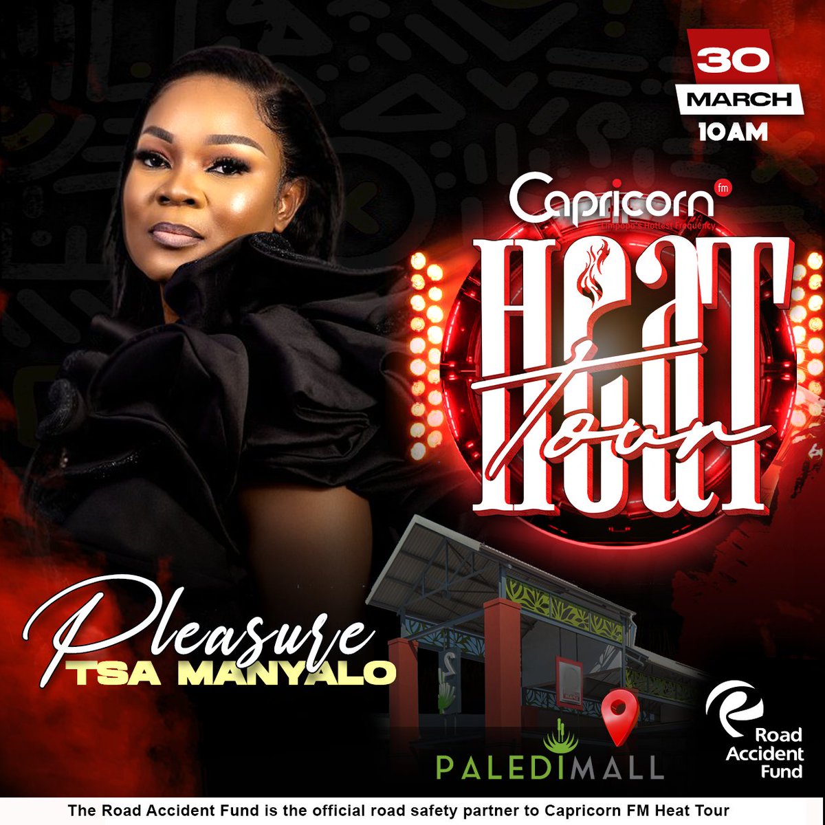 🔥 | @PleasurePeta does not miss, she brings the HEAT to Paledi Mall in Mankweng this Saturday from 10am. Join us at the #CapricornFMHeatTour to create sweet memories with Limpopo's Hottest Frequency & get the opportunity to receive assistance with your inquiries from @raf_sa.