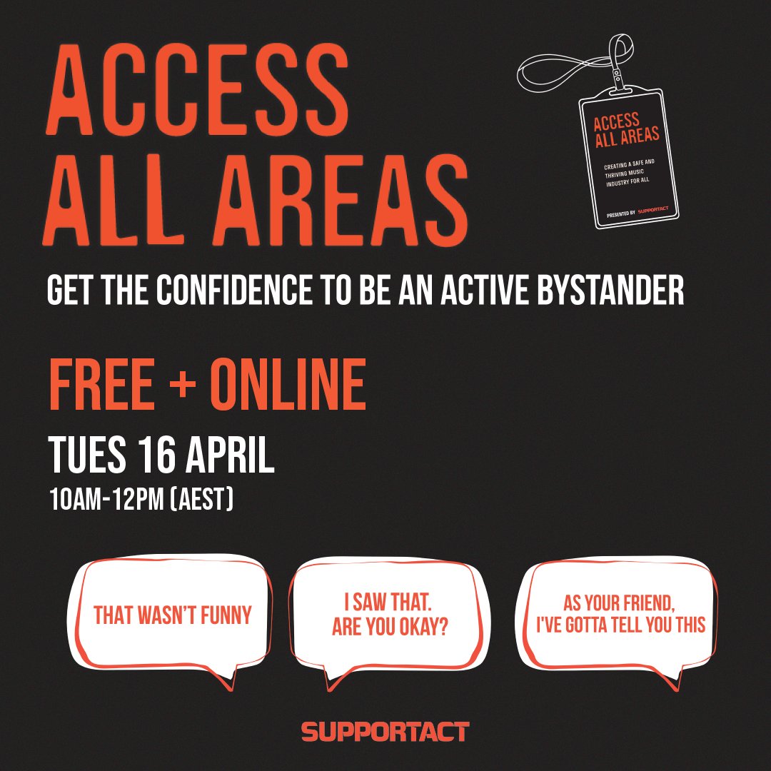 Access All Areas: Creating a safe and thriving music industry for all is back for 2024, with a free & online session coming on Tues 16 April, 10am-12pm (AEST). Join this free online training and champion a safer music industry for everyone. Register now - bit.ly/3vgxnYd