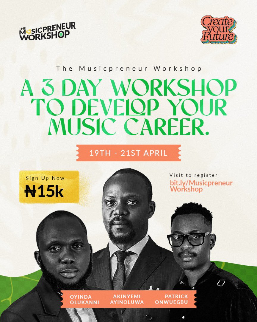 In the coming days, I will drop my area of focus and also ask you questions that will be attended to during this session. I hope 2 hours will be enough for us

This is The Musicpreneur Workshop, produced by #CreateYourFuture 

#YourFavoriteMusicMarketer #AfricasBestCatalogManager