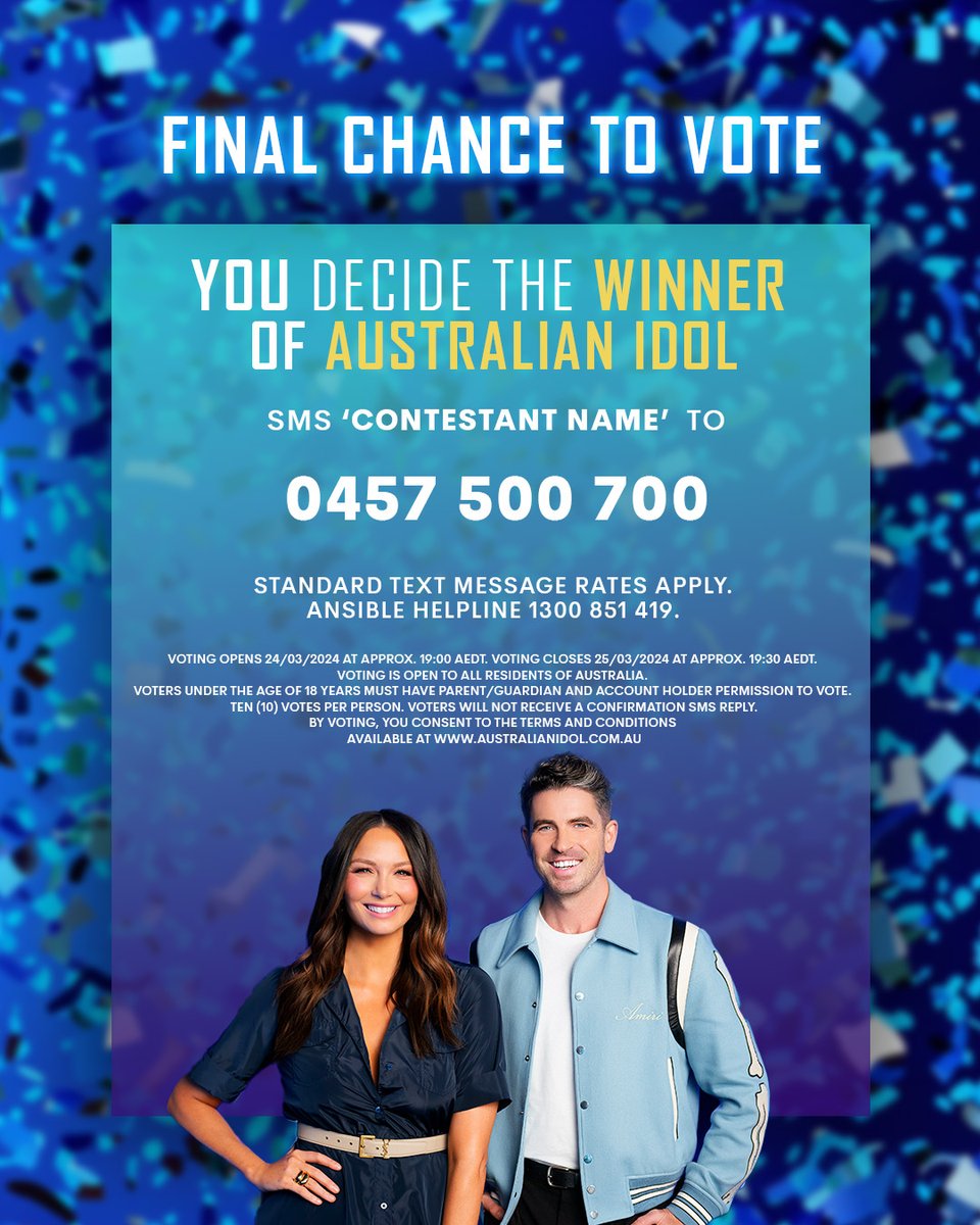 FINAL CHANCE to vote for your NEXT #AustralianIdol ⭐ Voting is open for another few hours, get yours in to decide who takes home the 👑