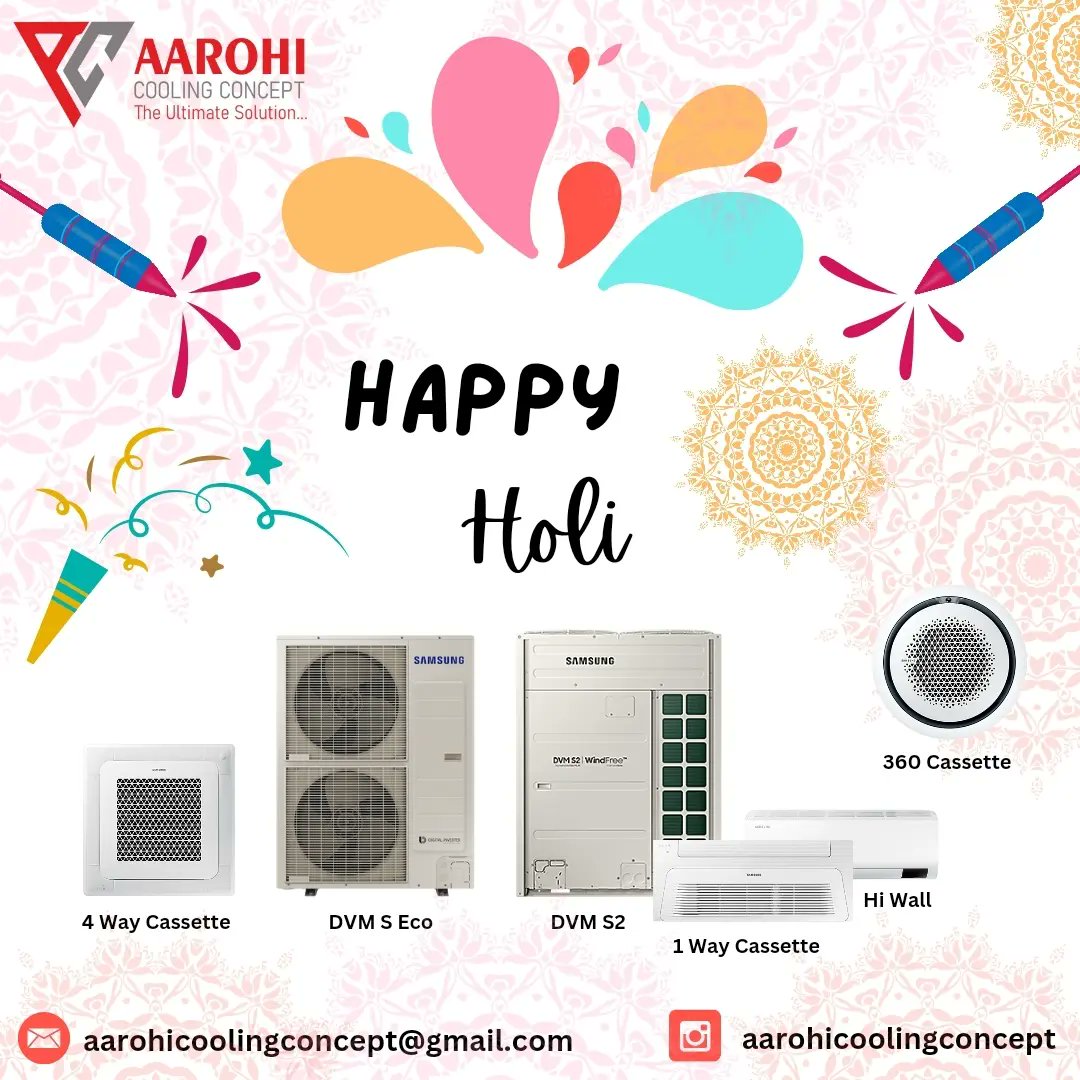 AarohiCooling's tweet photo. May the vibrant festival of colours paint your life with joy, affection, and harmony. Aarohi Cooling Concept wishes you and your loved ones, a Happy Holi.
#AarohiCoolingConcept #HappyHoli #FestivalOfColours #Samsung #OGeneral #AirConditioners #VRFSystems #DVM https://t.co/Z6lVwMacWr