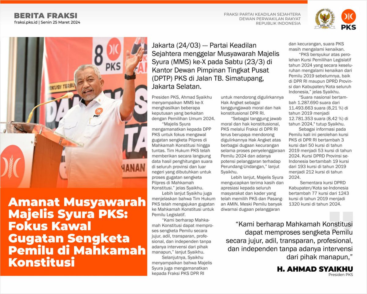 PKS akan kawal seluruh jalur konstitusional yang bisa ditempuh terkait catatan dugaan pelanggaran sepanjang Pilpres dan Pileg 2024‼️

|| <a href="/syaikhu_ahmad/">Ahmad Syaikhu</a>

#fraksipksdprri 
#PKSpembelaRakyat 
#PKSnomor8
