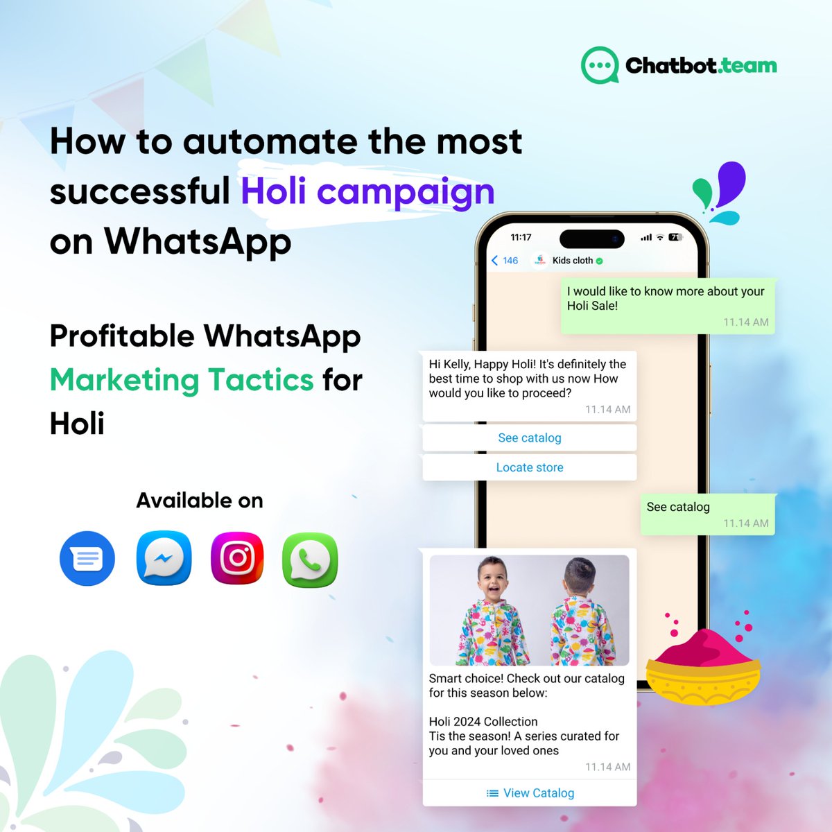ChatbotTeam's tweet photo. Happy Holi to Everyone from the World Best Customer Engagement Platform (https://t.co/Ys6IFUYgWe)!

#whatsappmarketing #rcs #nlp #chatbot #customerengagementplatform #holi #holioffer #chatbot.team https://t.co/dj0JkuIAGo