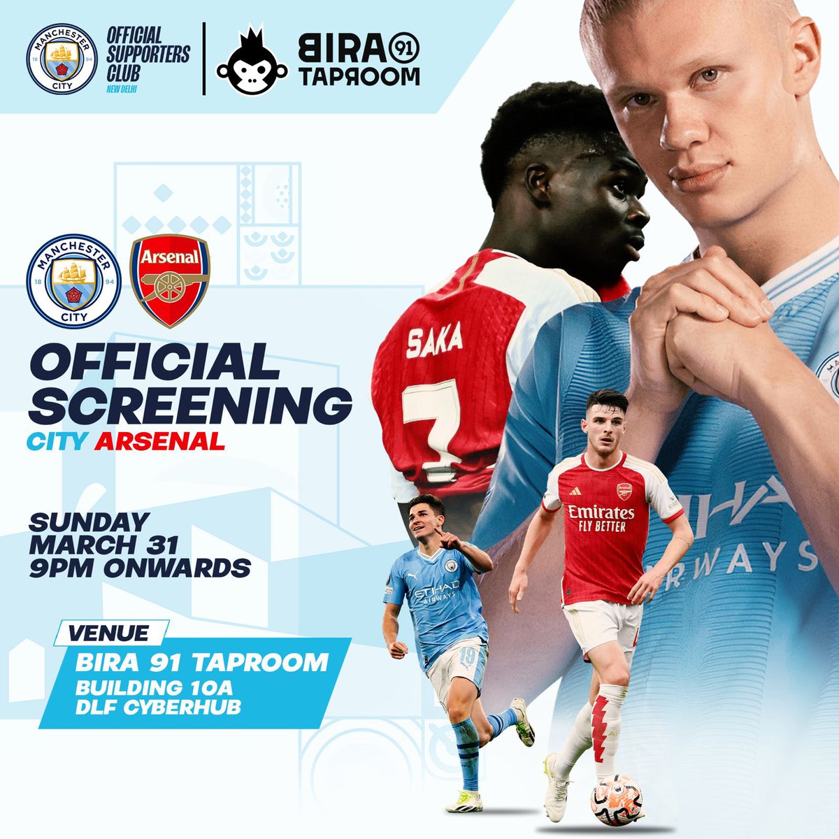 TITLE DECIDER LIVE SCREENING! Potential title decider as City look to avenge the defeat from earlier this season. @ManCity vs @Arsenal Venue: Bira 91 Taproom, Cyber Hub Gurugram Date: Sunday, 31st Mar Time: 9pm onwards Screening is exclusively for City fans 🩵 DM for details.