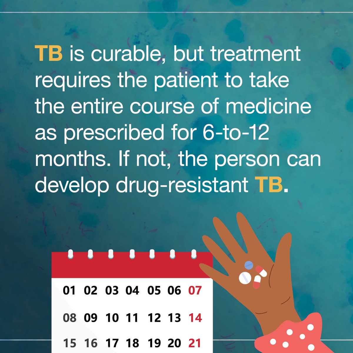 Drug-resistant TB poses a growing threat. This highlights the importance of adherence to TB treatment regimens as prescribed by the health worker and the need to develop new drugs and vaccines for TB. #TBIsCurable #TBIsPreventable #YesWeCanEndTB