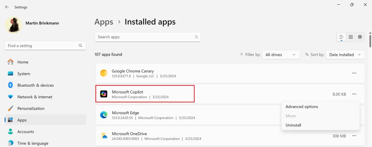 Microsoft Copilot app getting installed on Windows devices! Check Settings > Apps > Installed Apps. Appears to be linked to Microsoft Edge's latest update. #microsoftcopilot #microsoftedge #ai ghacks.net/2024/03/25/mic…