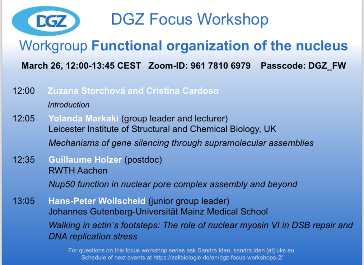 Don't forget to join the coming DGZ meeting DGZ Focus Workshop: Workgroup Functional organization of the nucleus March 26, 2024 12:00 – 13:45 CET You can join the online workshop via zoom ID: 961 7810 6979 Passcode: DGZ_FW @synbiocentre @TUDarmstadt