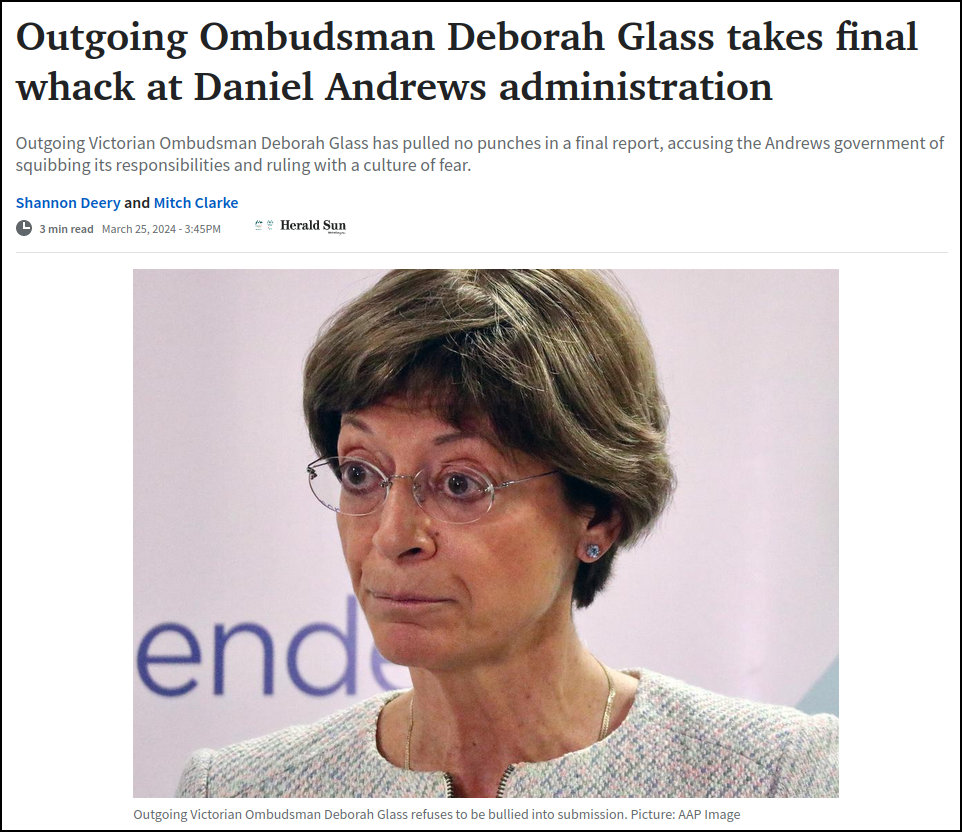 Outgoing Ombudsman Deborah Glass slams Daniel Andrews & Labor who ruled Victoria with a culture of fear, intimidation and bullying. Jacinta Allan thanked Deborah Glass for her 10 years of service and promised all her scathing reports would be binned. #springst #BendigoBarbie