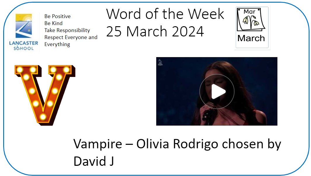 Good Morning. This week's song of the week was chosen by David in Southend class