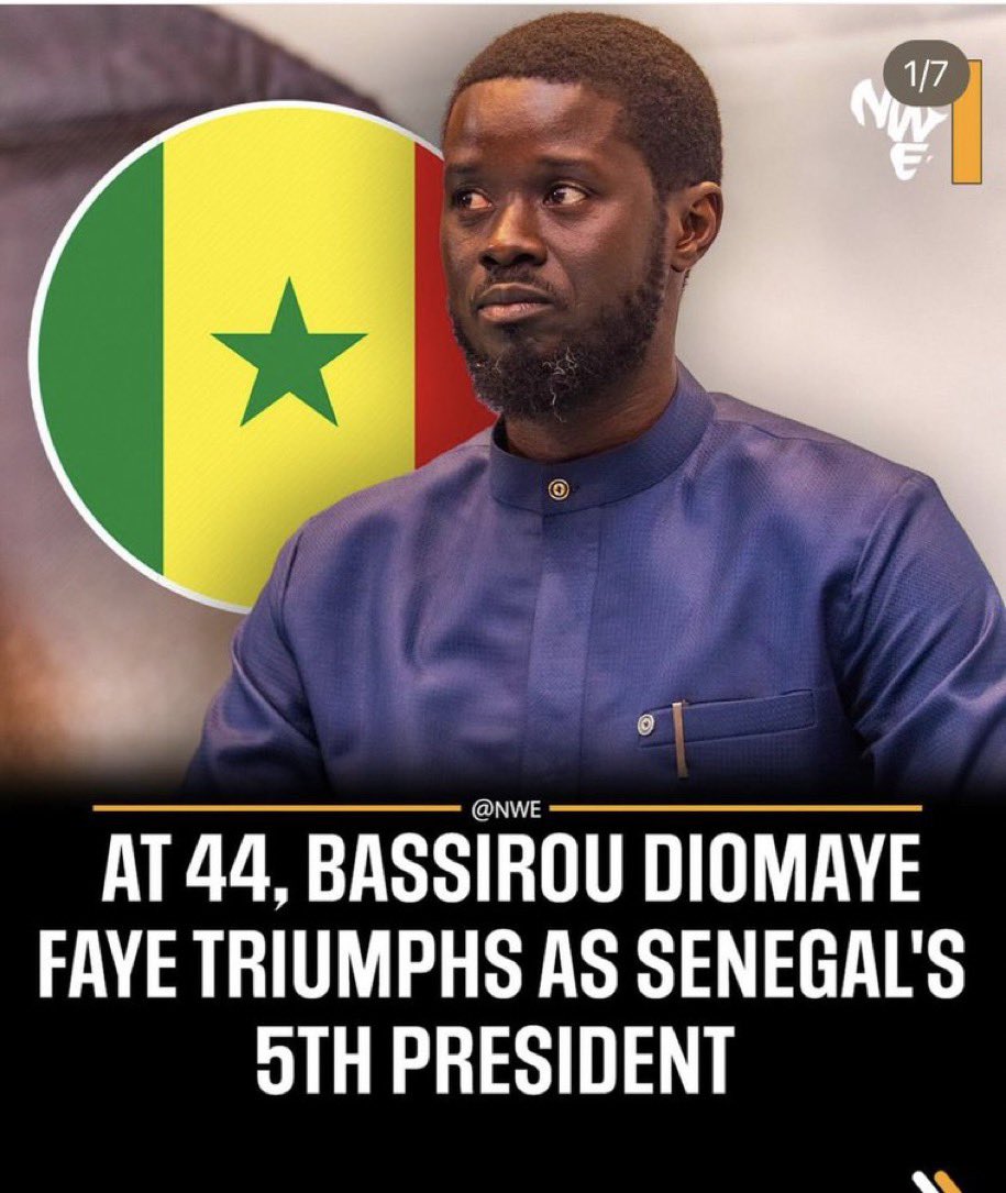 Congratulations to Bassirou Diomaye Faye the 5th president of Senegal 🇸🇳
Mr President elect is 44years of age.

The age bracket between him and our top political candidates:

Peter obi -      19

Kwankwaso- 23

Tinubu -          27

Atiku -              33