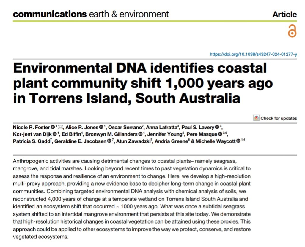 📢 New paper! We reconstructed 4000 years of historical vegetation using #eDNA targeted capture and #isotopes. We found an #ecosystem shift happened 1000 years ago when the #seagrass environment changed to intertidal #mangroves. Thank you to all who helped get this out there!