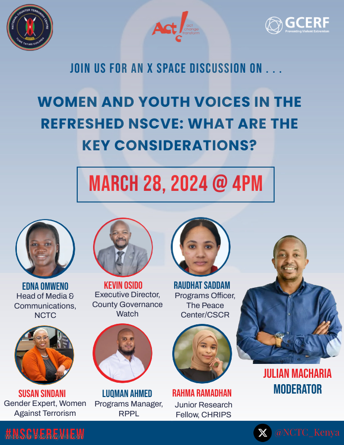 Join our distinguished panelists on Thursday, March 28, 2024, at 4:00 PM, as they discuss the key considerations of women's and youth's voices in the refreshed NSCVE. Set your reminders! X Space Link: x.com/i/spaces/1vOxw… #NSCVEReview #SecureKe #TuweTayariKuilinda