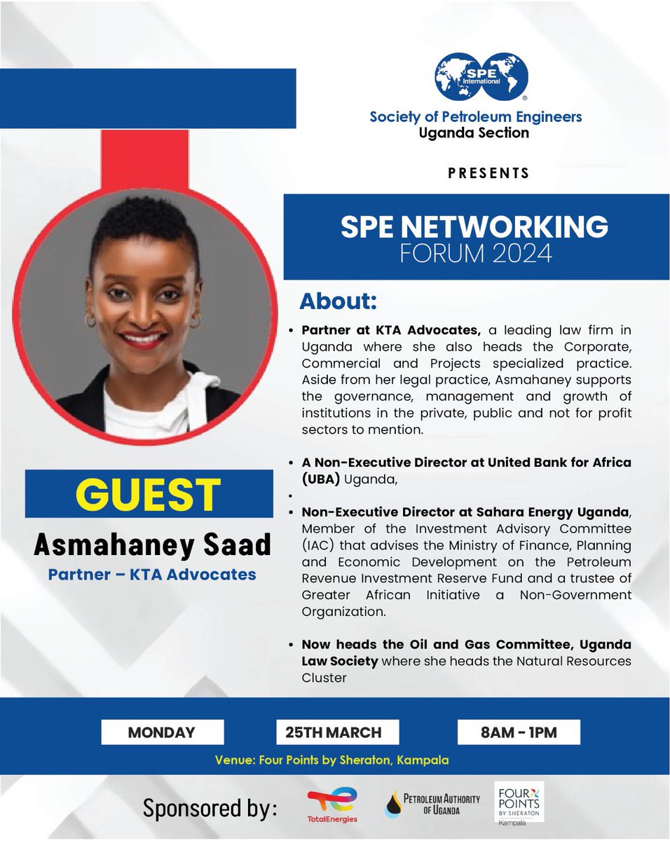 Thrilled to have our Firm Partner @asmahaney12 speaking at a SPE forum today! As a Non-Executive Director at UBA & Sahara Energy Uganda, she has championed growth through different initiatives in the oil & gas sector and brings over 15 years of industry experience to the table.