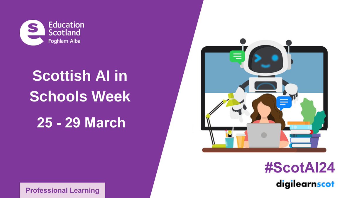 It's Scottish AI in Schools Week! Will you be joining any of this week's sessions? Remember to share your thoughts & photos using #ScotAI24 Today 👇 AI Wonderland 10:00 ow.ly/R1lv50QXwxE AI from Tinder to training 16:30 ow.ly/9ug950QXwzJ @makeith_app_en @CofGCollege