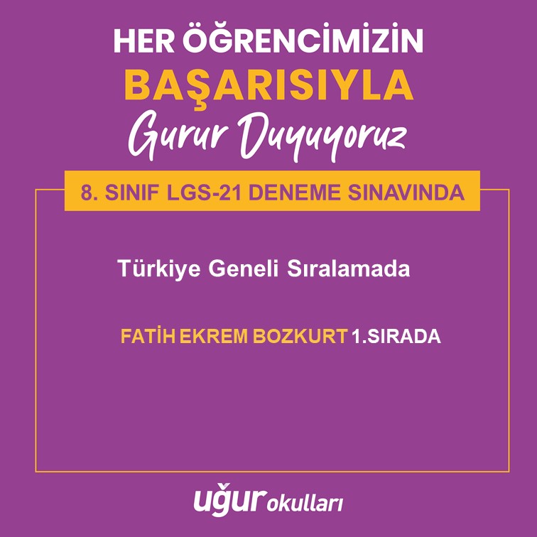 UĞUR DA BAŞARI BİR GELENEKTİR 🏆 Ortaokul 8. Sınıflarımızın katıldığı Türkiye Geneli LGS-21Deneme Sınavı sonuçlarına göre öğrencimiz 1.olmuştur 🎉🎊👏🏻👏🏻👏🏻🧿🧿🧿 Emeği geçen tüm öğretmenlerimizi ve öğrencilerimizi tebrik ederiz 💐🤩 #uğurluolankazanır #uğurkazandırır