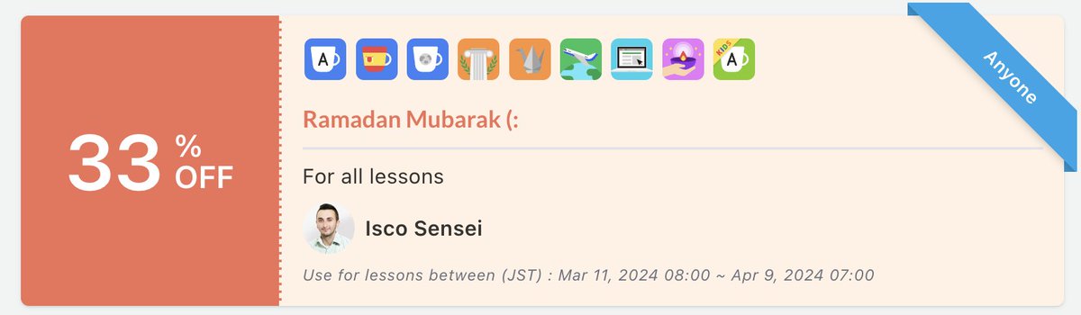 Don't forget to check out Isco Sensei's special Ramadan celebration lesson coupons!
Get 33% off on one of his lessons in the English, Spanish, and more here:
cafetalk.com/coupon/detail/…
#cafetalk
#英語学習 
#英語勉強 
#RamadanMubarak