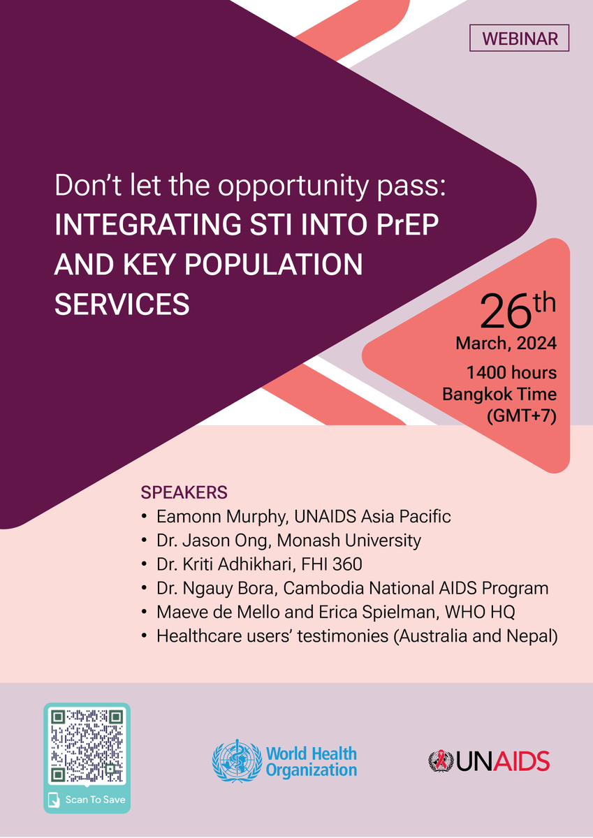 Are we maximizing the impact of key population services❓🤔 Join @UNAIDS and @WHO tomorrow for an #AsiaPacifc webinar on using #PrEP as a gateway for improved STI management. Hear accounts from 🇳🇵🇰🇭 🇦🇺 Register to join: who.zoom.us/webinar/regist…