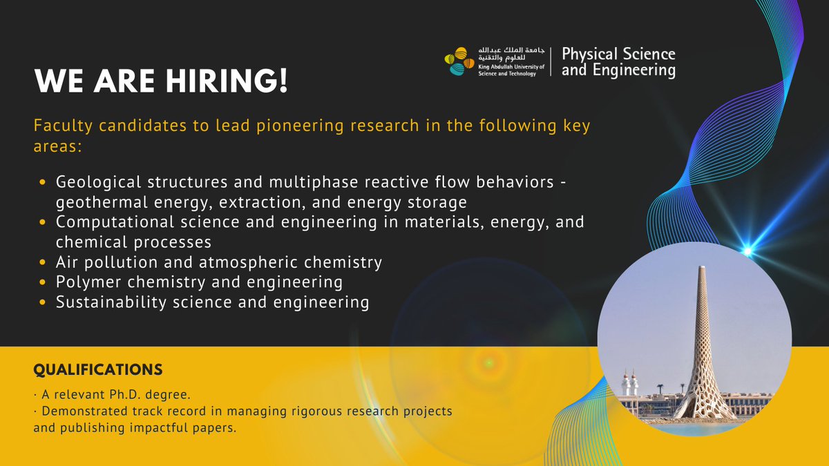 The PSE Division, #KAUST, is currently hiring faculty at all entry levels in #Chemistry #Sustainability #AirPollution #materialscience #energy #Geology. For detailed information and to apply: pse.kaust.edu.sa/home/pse-openi…
