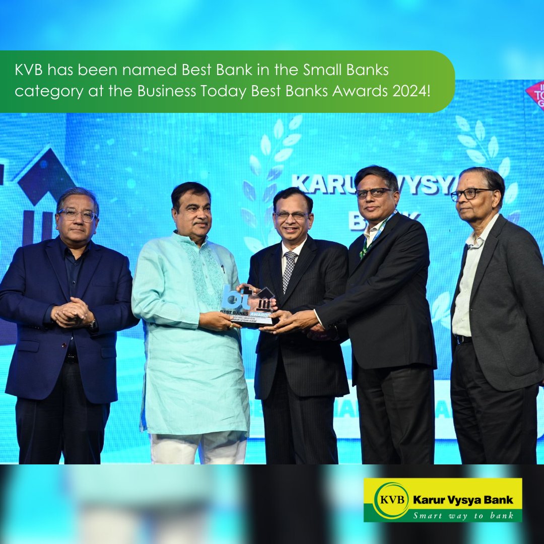 Exciting news! Karur Vysya Bank has been honored with the title of Best Bank in the Small Banks category at the Business Today Best Banks Awards 2024! Our MD & CEO, Mr. Ramesh Babu, accepted the award from Union Minister Shri. Nitin Gadkari. We extend our heartfelt gratitude to…