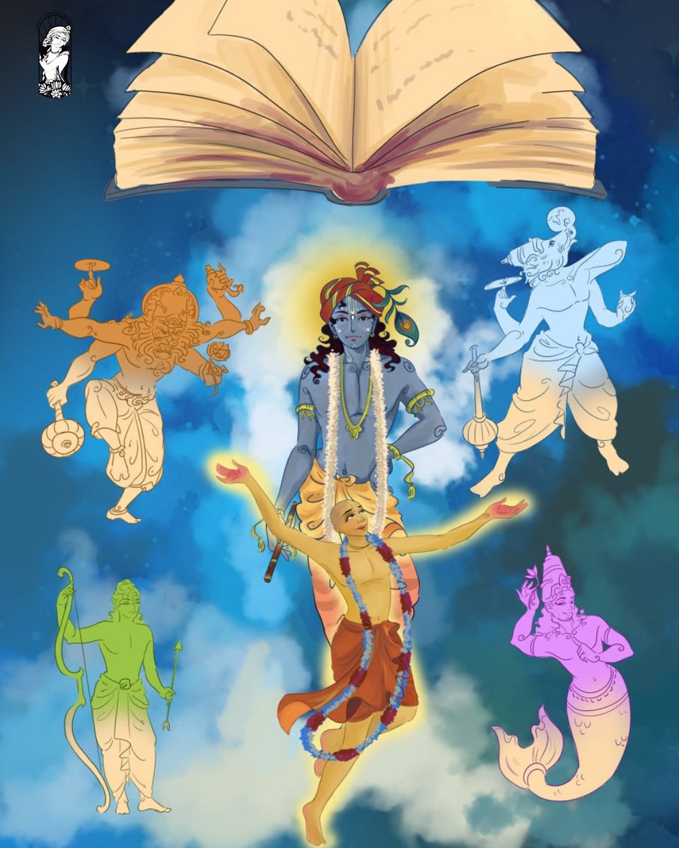 Art by : Krishna Consciousness Society @iskconinc itthaṁ nṛ-tiryag-ṛṣi-deva-jhaṣāvatārair lokān vibhāvayasi haṁsi jagat pratīpān dharmaṁ mahā-puruṣa pāsi yugānuvṛttaṁ channaḥ kalau yad abhavas tri-yugo ’tha sa TRANSLATION In this way, my Lord, You appear in various