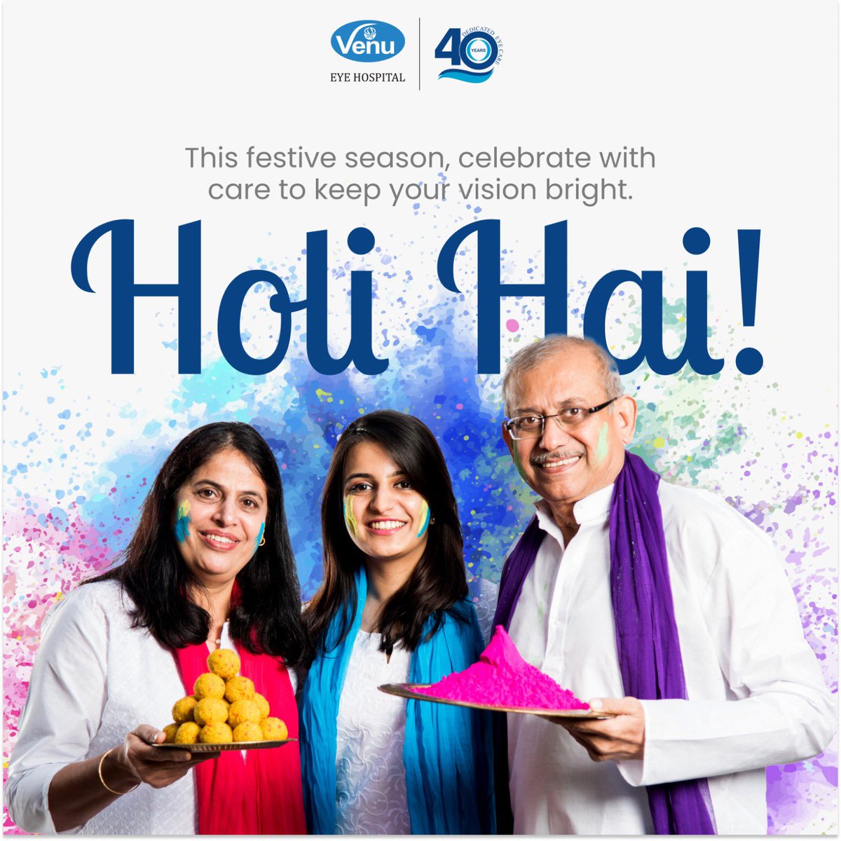 VenuEyeInstitut's tweet photo. This Holi, let the colors of joy fill your life... but keep your eyes safe! Wishing you a vibrant and healthy Holi from all of us at Venu Eye Institute &amp; Research Centre. #HappyHoli #EyeSafety #EyeCare #VenuEyeHospital https://t.co/SureELsABb